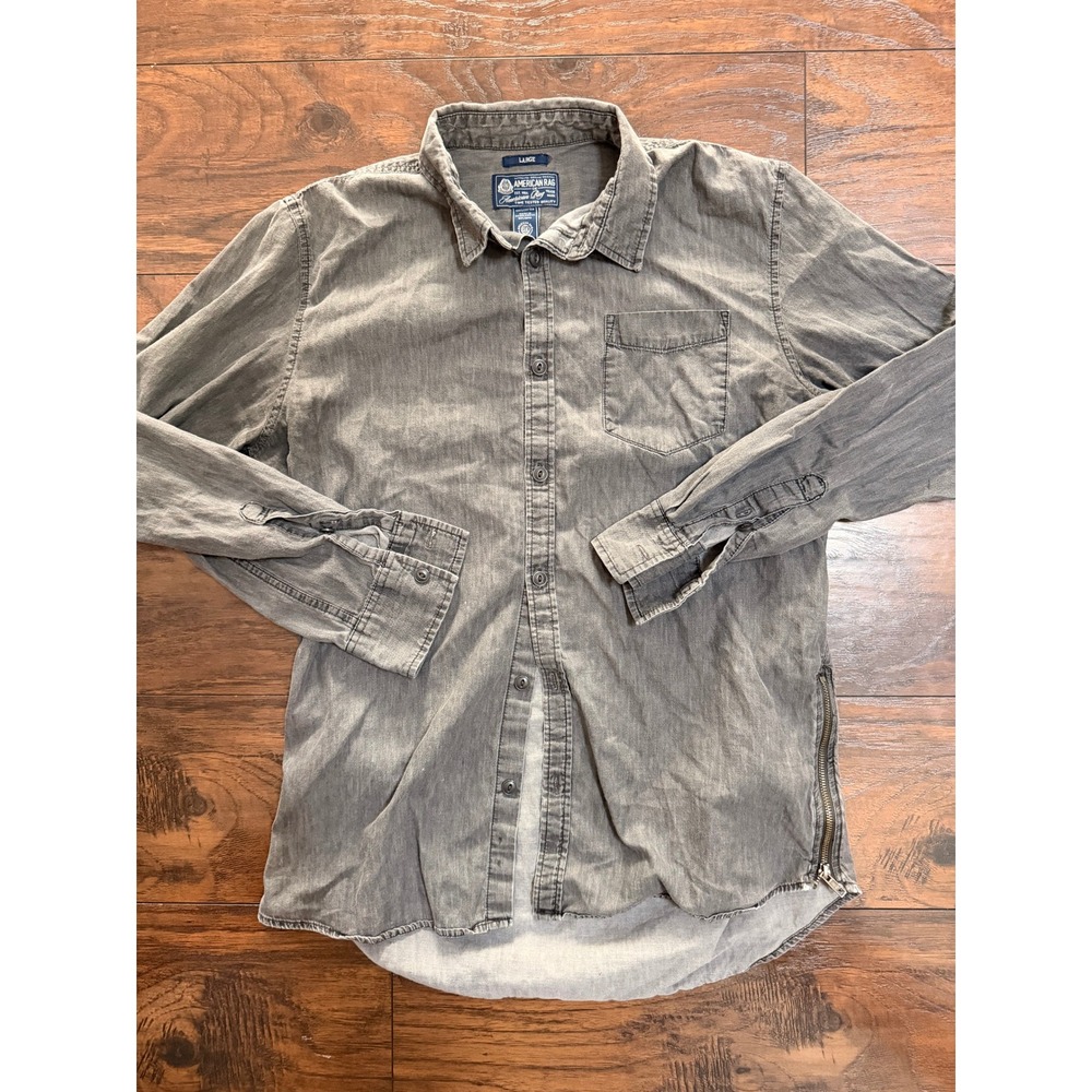 American Rag Mens Gray Long Sleeve Button Down Shirt Side Zip Cotton Large
